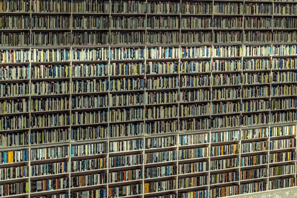 Expansive shelves filled with books in a Dubai library, showcasing an organized collection.